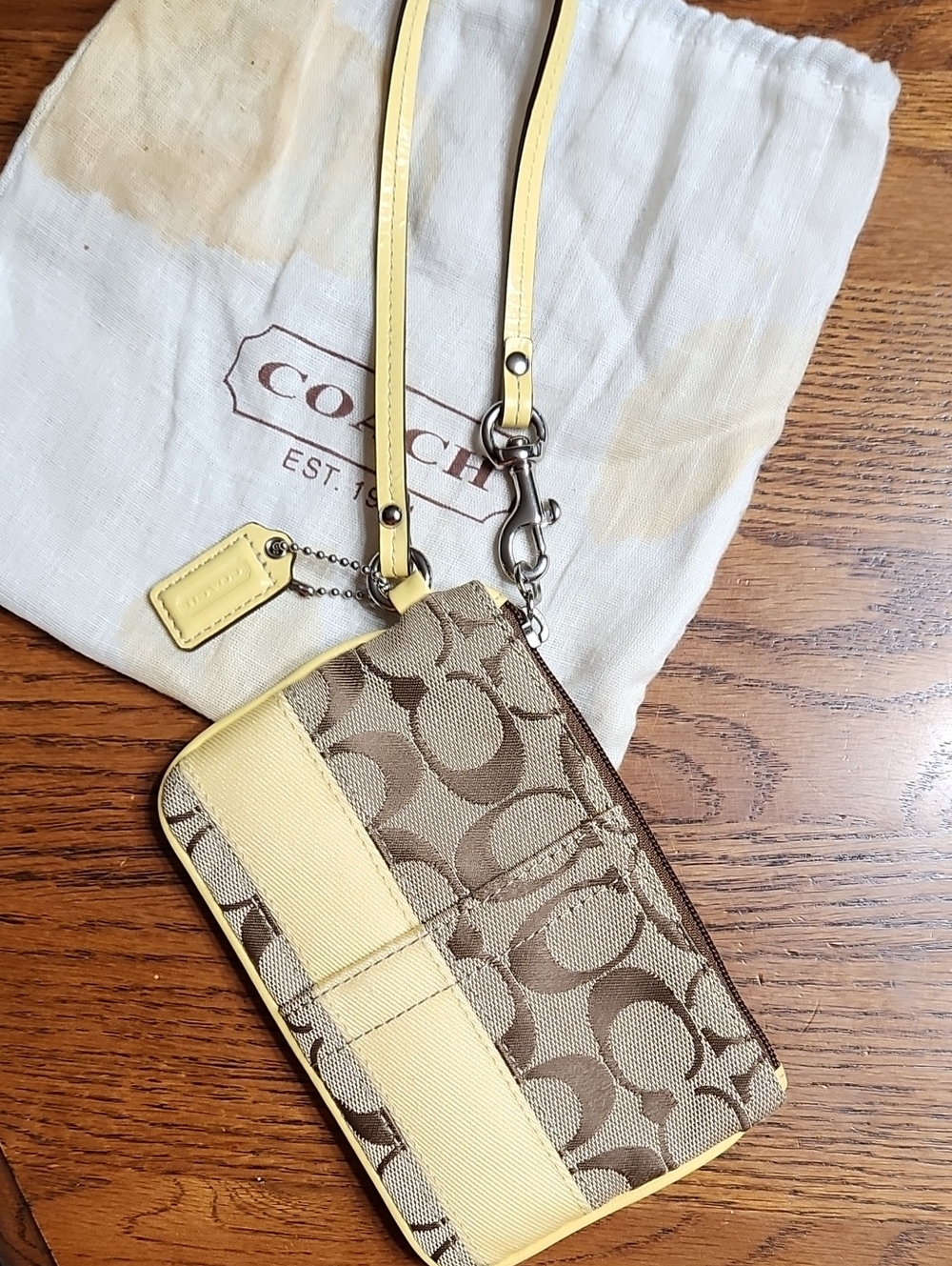 Coach Khaki Signature Canvas Wristlet with Yellow Trim